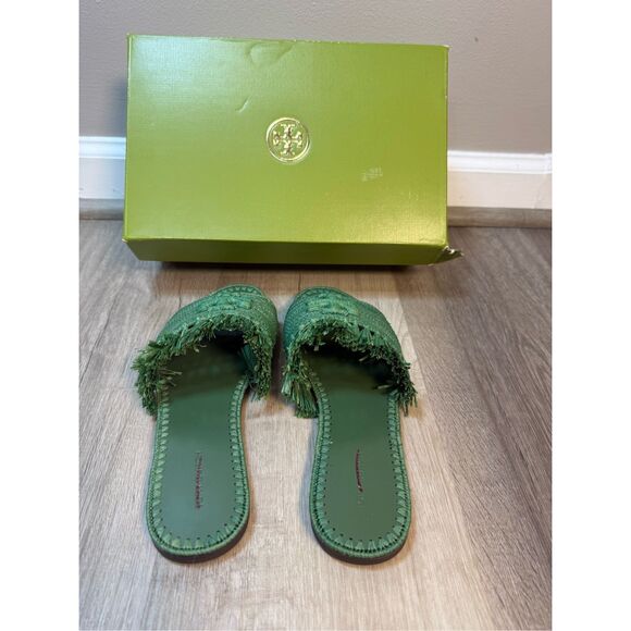 TORY BURCH Eleanor Raffia Double T Slide Sandals In Arugula Size 7 $328 - Picture 6 of 8